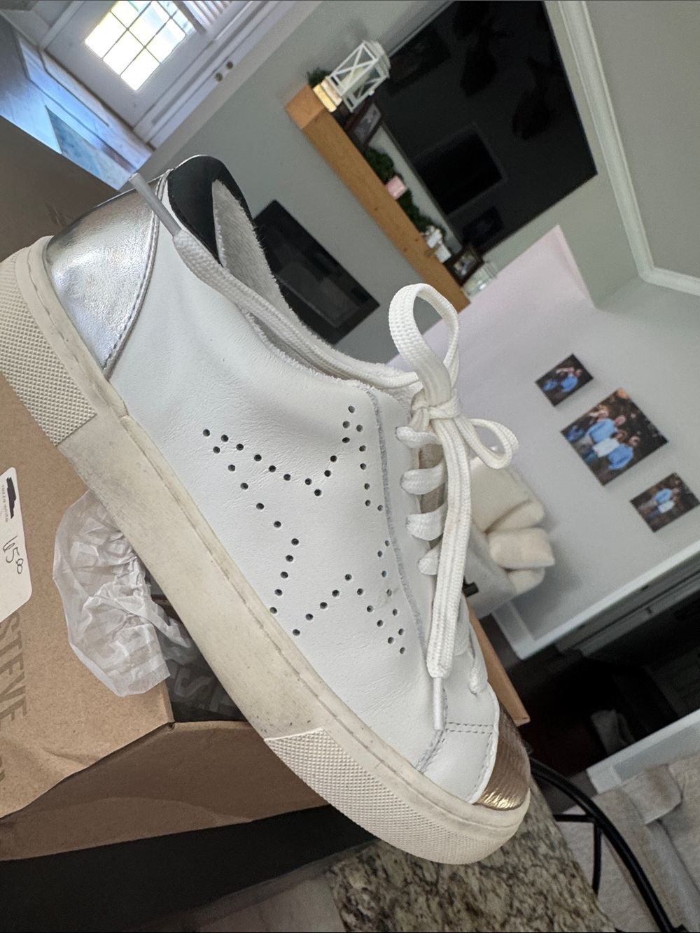 Steve Madden White Leather Sneakers with Silver Toe and Heel